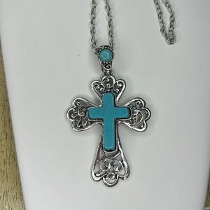 Long chain faux turquoise & silver necklace